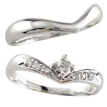 【送料無料】V字 ペアリング 結婚指輪 マリッジリング 一粒 ダイヤモンド ホワイトゴールドk18 結婚式 18金 ウェーブリング ダイヤ カップル 贈り物 誕生日プレゼント ギフト