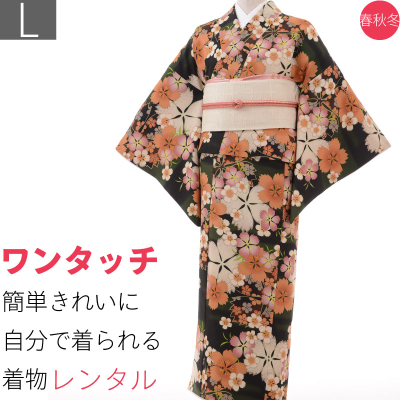 着物 レンタル 春秋冬用 レディース 袷 小紋 名古屋帯 セット「Lサイズ」緑・なでしこ・桜 (送料無料)