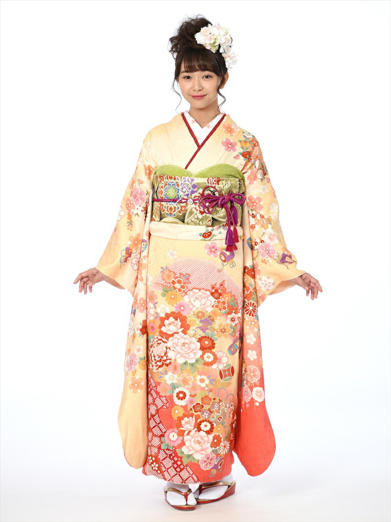 【レンタル】振袖 レンタル フルセット(2月~12月上旬)8AC277/正絹/着物/結婚式/結納/卒業式/結納/レンタル振袖/セット/オレンジ/古典柄/160cm~173cm位まで/足袋・肌着プレゼント/往復送料無料/
