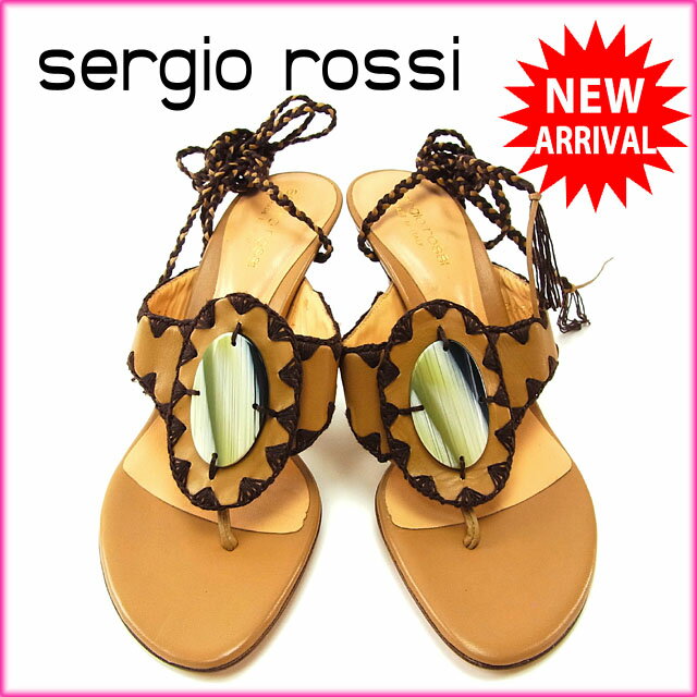 セルジオロッシ Sergio Rossi サンダル シューズ 靴 レディース ♯36 トング 刺繍入り レースアップ ベージュ×ブラウン系 レザー (あす楽対応)良品 セール【中古】 Y2659
