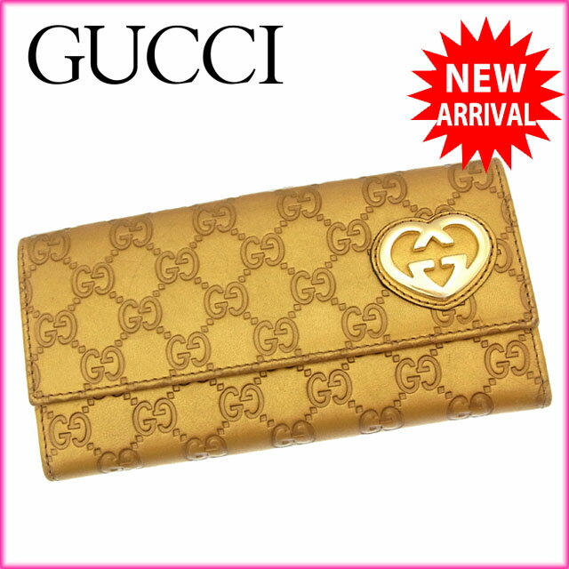安心 グッチ GUCCI 長財布 Wホック 二つ折り レディース インターロッキングGハート グッチシマ 245723 ゴールド系 レザー 【中古】 J8536