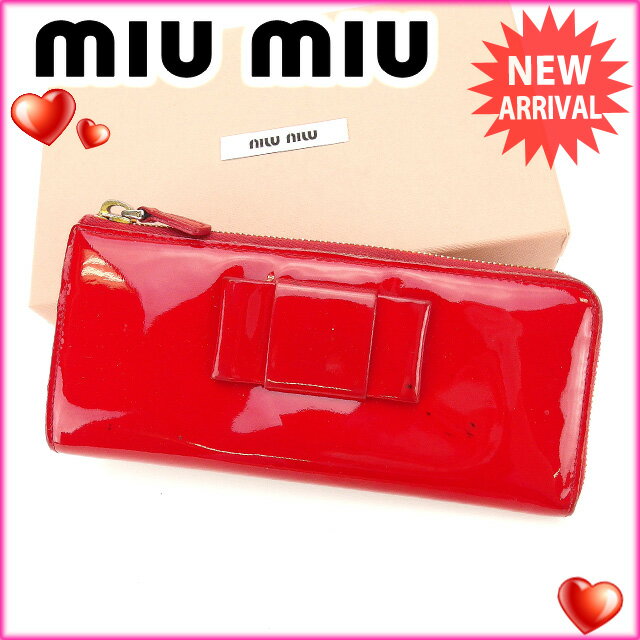 ミュウミュウ miumiu 長財布 L字ファスナー レディース ロゴ入り リボンモチーフ レッド×ゴールド エナメルレザー 【中古】 L472