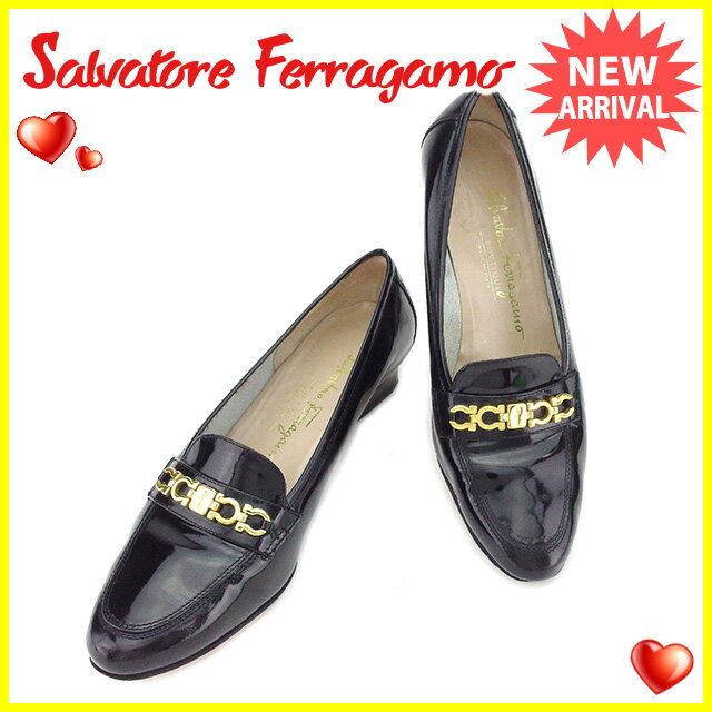 サルヴァトーレ フェラガモ Salvatore Ferragamo パンプス #6 1/2C レディース ガンチーニ ブラック×ゴールド エナメルレザー 【中古】 A1442 .