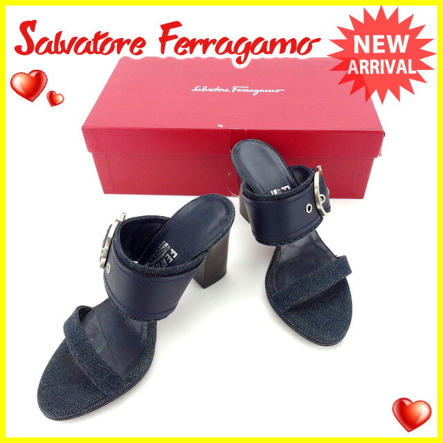 サルヴァトーレフェラガモ Salvatore Ferragamo サンダル シューズ 靴 レディース ♯5D ガンチーニベルト デニム ネイビー×シルバー キャンバス×レザー 【中古】 A1212