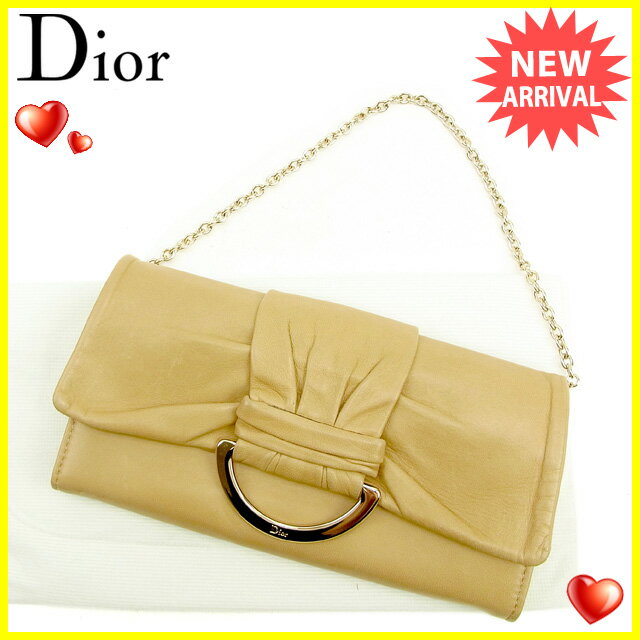 関税送料込 ディオール Dior 長財布 L字ファスナー レディース チェーンストラップ付き ベージュ×ゴールド レザー 【中古】 J16829