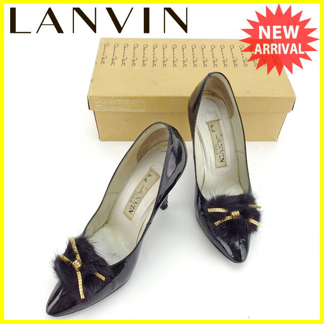 ランバン LANVIN パンプス シューズ 靴 レディース ♯4ハーフ ポインテッドトゥ ファーモチーフ付き ブラック×ゴールド エナメルレザー 【中古】 L1267 .