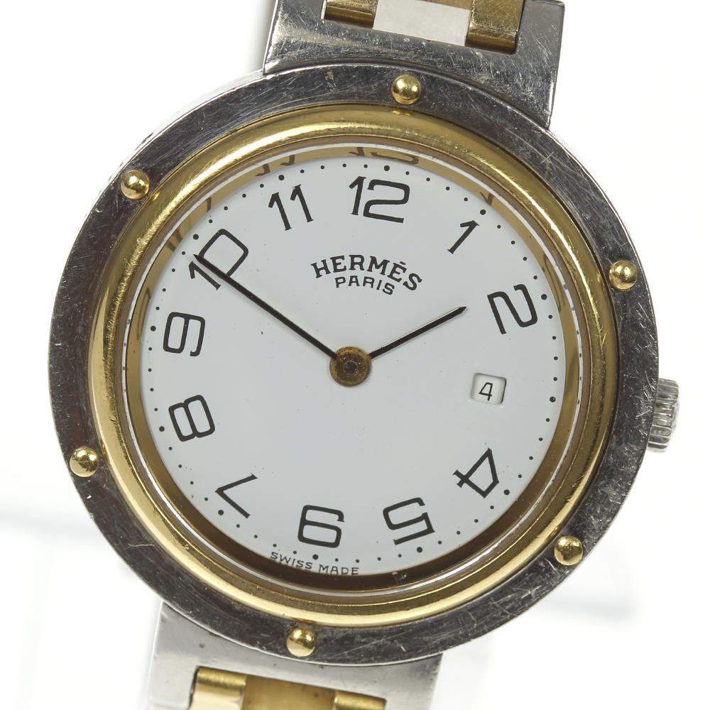 箱付き!【HERMES】エルメス クリッパー コンビ ホワイト文字盤 クォーツ ボーイズ【180225】
