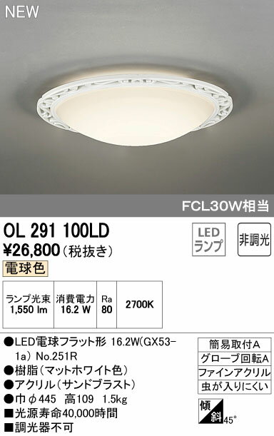 βオーデリック/ODELIC 小型シーリングライト【OL291100LD】LEDランプ 非調光 電球色