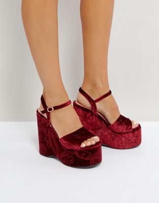 サンダル lost ink burgandy flock wedge heeled sandals レディース靴 靴