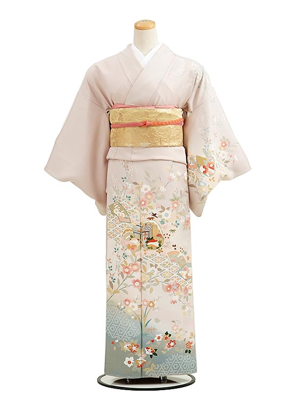 訪問着 レンタル 訪問着付下げ レンタル t141グレーベージュ扇面《新品足袋プレゼント》〔結婚式〕〔入学式 着物 レンタル〕【往復送料無料】【訪問着 セット】〔ママ 母 大人〕【きもの レンタル】【訪問着 セット】【貸衣装】fy16REN07(10P03Dec16)