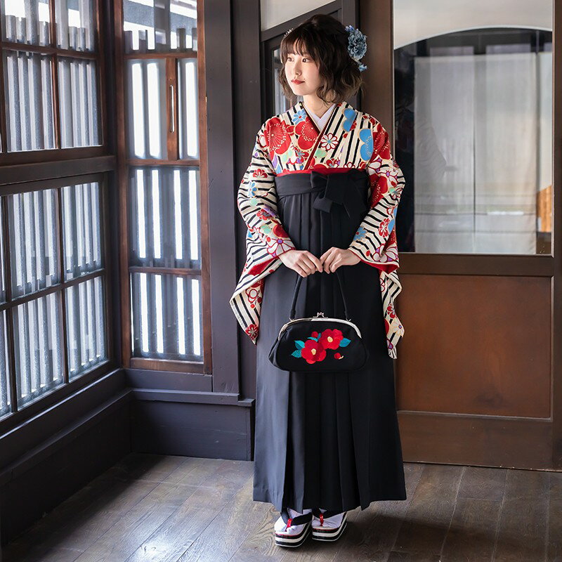 卒業式 袴 レンタル 女 袴セット 女性 卒業式袴セット【G680】クリーム 縞に梅文様(A063)九重 ブランド着物卒業式 レンタル ハカマ 着物 フルセット 貸衣装 二尺袖 女 袴 かしいしょう 袴セット /fy16REN07