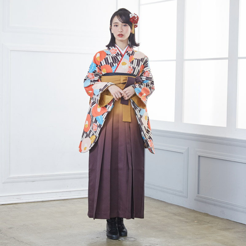 卒業式 袴 レンタル 女 袴セット 女性 卒業式袴セット【G686】クリーム/茶 矢絣に椿(G694)(A071)卒業式 レンタル ハカマ 着物 フルセット 貸衣装 二尺袖 女 袴 かしいしょう 袴セット /fy16REN07