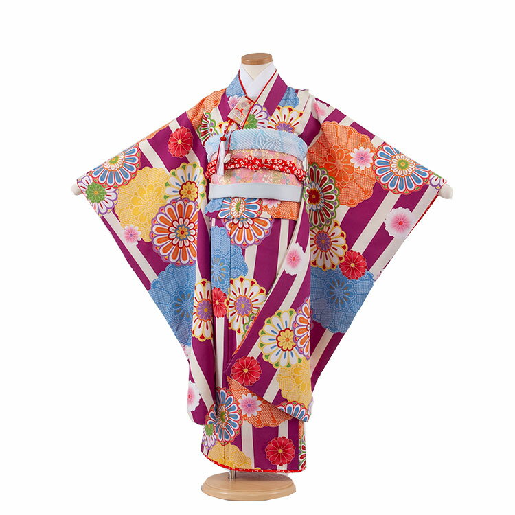 七五三 着物 7歳 フルセット 帯 /7161 花わらべ×紫縞に紋/ 七五三 着物 7歳 七五三 レンタル 七五三 着物 7歳 7歳女の子 着物レンタル 7歳女児 七五三セット 子供着物 レンタル七五三 七五三レンタル 女の子7歳 レンタル七五三 ★往復送料無料★
