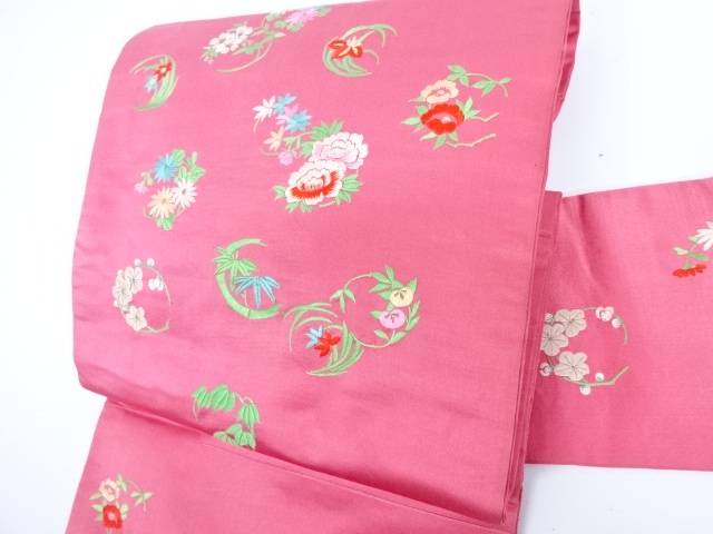 本物関税保証 九寸名古屋帯 お太鼓柄 刺繍 花丸文様【アンティーク】【中古】