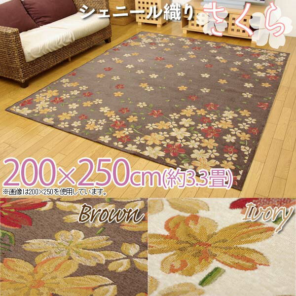 【取寄せ品】【送料無料】ベルギー製 シェニール織りラグ「さくら」ブラウン・アイボリー200×250cm(約3.3畳) 絨毯 じゅうたん マット リビング 敷物 優雅 高級感 【イケヒコ】【TD】