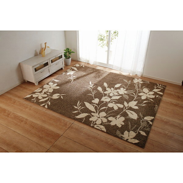 日本製 セミシャギーラグ(200×250cm) ブラウン フローラル フローラル(代引不可)【smtb-f】