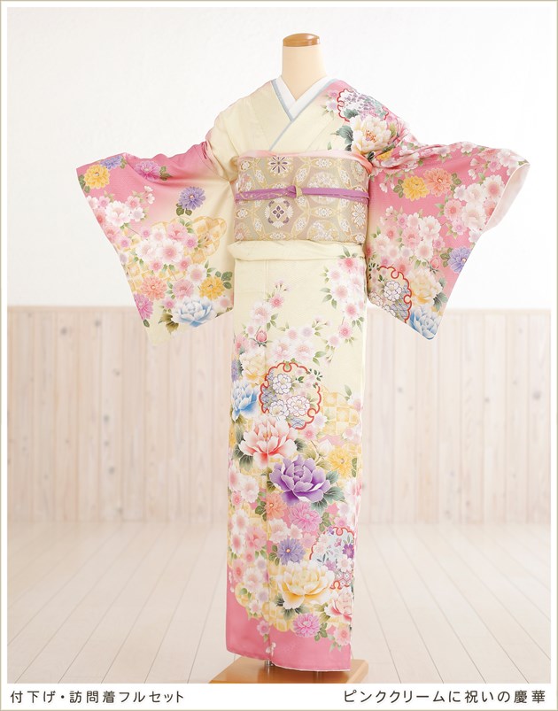 訪問着 レンタル hw1301 七五三 結婚式 ピンククリームに祝いの慶華〔着物レンタル 訪問着〕〔付け下げ 訪問着 フルセット〕〔お宮参り〕〔753〕〔卒業式〕〔卒園式〕〔入学式〕〔華やか〕〔ママ〕〔母親〕〔母〕〔貸衣装〕〔総柄訪問着〕★往復送料無料★【fy16REN07】