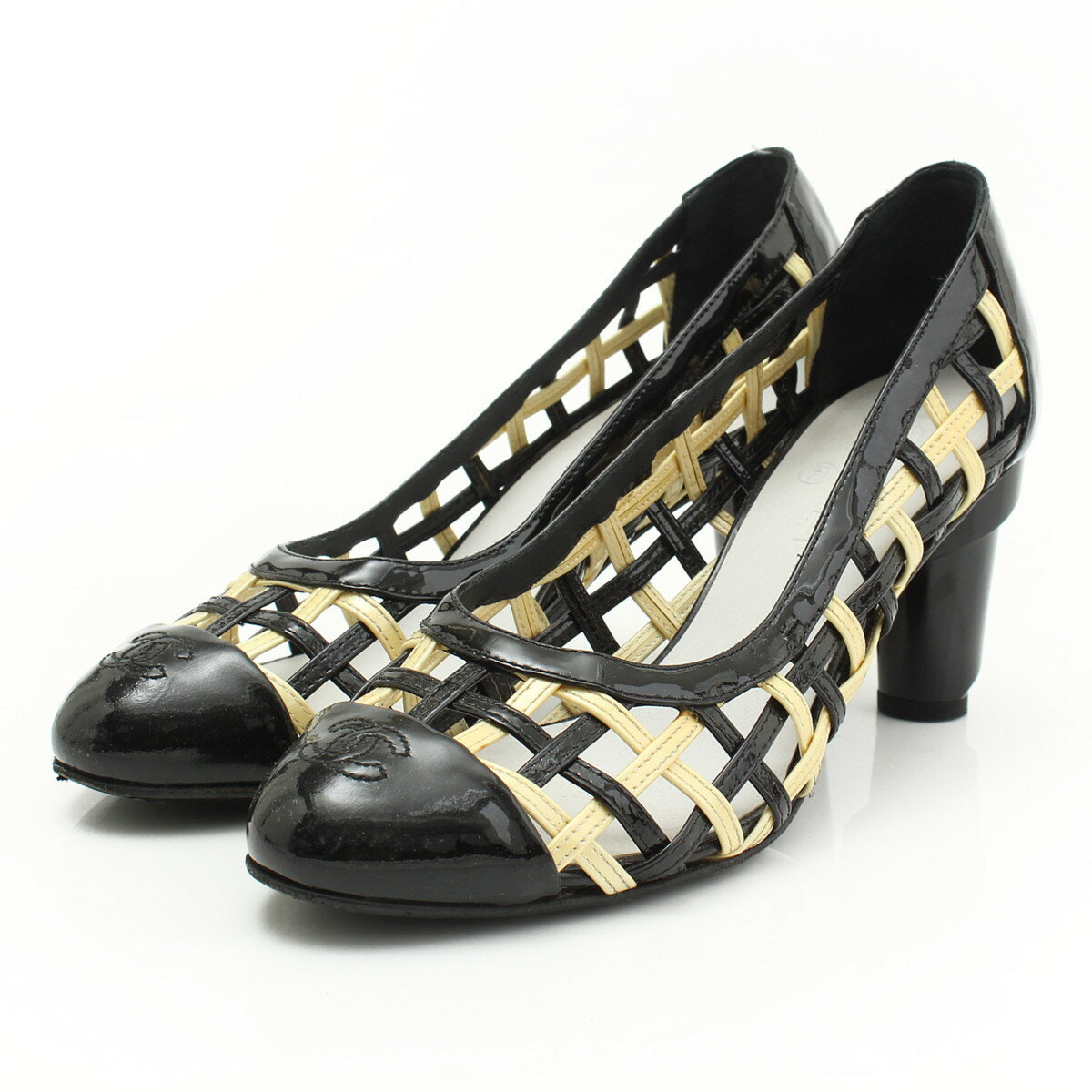 【シャネル】Chanel ココマーク パテント パンプス ブラック×クリーム 37 1/2 【中古】【鑑定済・正規品保証】【送料無料】30955