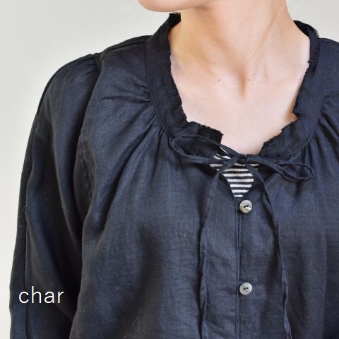 【クーポン対象外】char(チャー) ブラック リネン ギャザー ブラウスmade in japanch-011b441