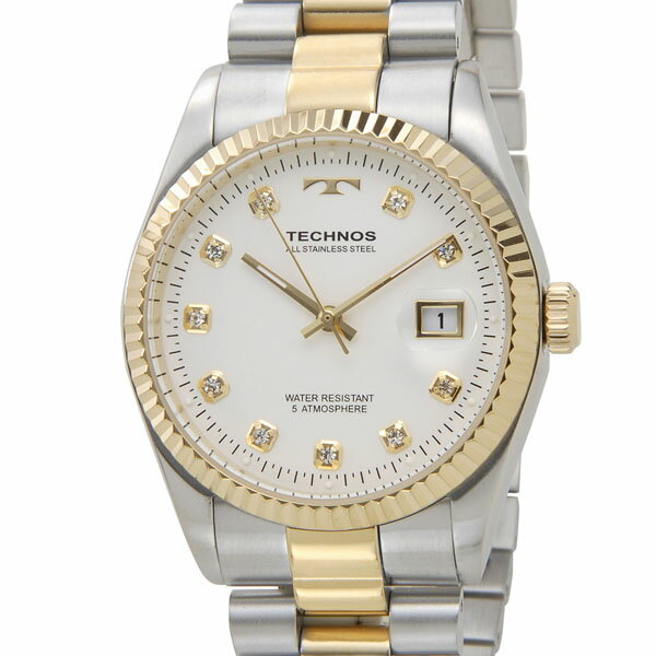 テクノス TECHNOS T9455TW デイト 5気圧防水 クリアストーン10P ホワイト×ゴールド メンズ 腕時計