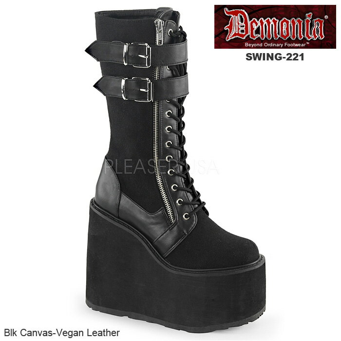 DEMONIA(デモニア) キャンバス/PU ウェッジソール 厚底ブーツ SWING-221 マットブラック◆取り寄せ