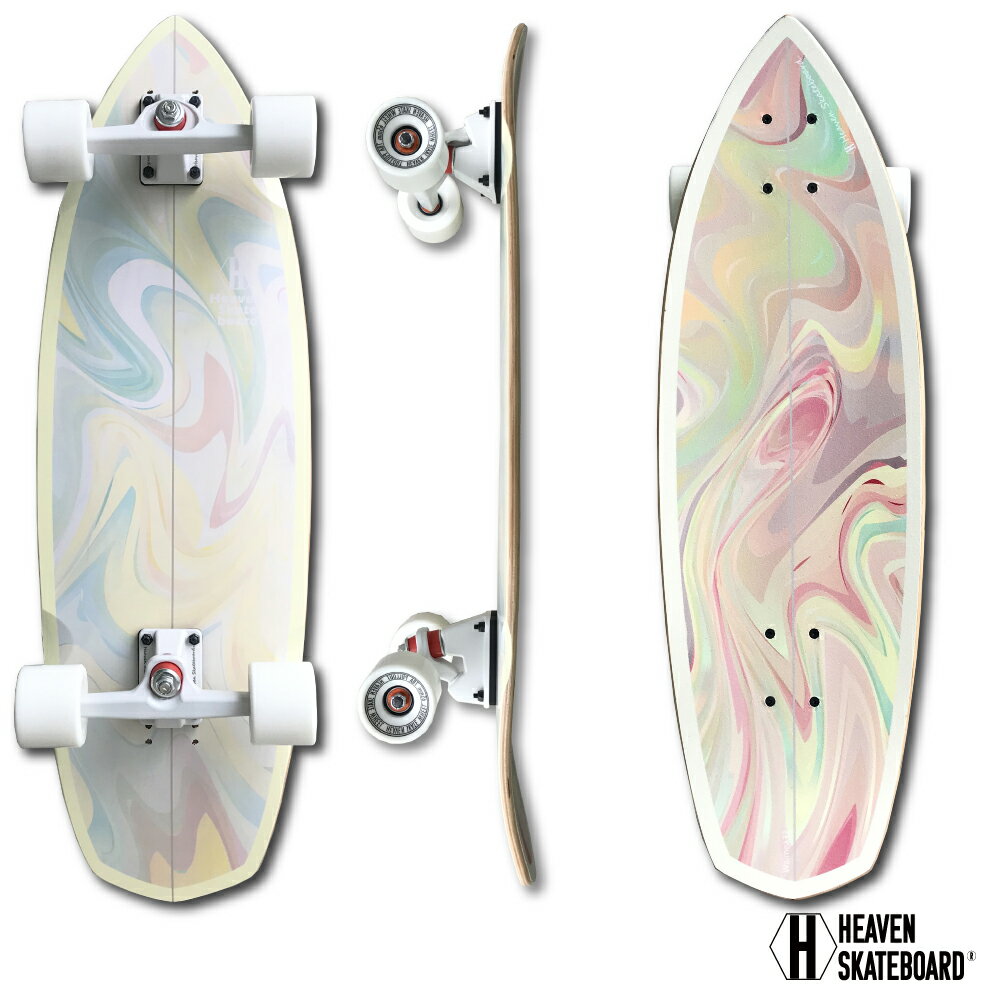 商品名:HEAVEN SKATEBOARD WAIMEA32　ワイメア32 デッキ:フルカナディアンメープル デッキ:ペイントデッキテープ トラック:UPS-TRUCK アップストラック ウィール:65x51mm SHR78Aウィール ベアリング:ABEC-7 サイズ:32x10inch(長さ81.2cmx幅25.4cm)HEAVEN SURF SKATEBOARDヘブン サーフスケートボード 　モデル:WAIMEA32&quot;ワイメア30サイズ:32inch(長さ81.2cm)HEAVEN サーフスケートボード見た目も乗りごごちも、まるでサーフィン！サーフィンのオフトレとしても最適UPS-TRUCKをフロントに搭載 商品名:HEAVEN SKATEBOARD WAIMEA32　ワイメア32デッキ:フルカナディアンメープルデッキ:ペイントデッキテープトラック:UPS-TRUCK アップストラックウィール:65x51mm SHR78Aウィールベアリング:ABEC-7サイズ:32x10inch(長さ81.2cmx幅25.4cm)商品説明 ハワイ・オアフ島ノースショア・ワイメアビーチをイメージしたサーフスケートボード。サーフィンを意識した動きにも適 したグリップ ボトムターン　カーヴィング　リッピング、スラッシュの練習に。 週末サーファーの強い味方は、サーフスケボーによるオフトレ。スケートボードレッスンの最大のメリットは、ターン動作など同じ動きを気軽に反復練習できること。 ビーチやゲレンデに行かずとも、手軽にフィジカルトレーニングで身体操作能力を高め、セルフケアすることができます。ボトムターンの練習から、アップス（小さいターンの連続）の練習に移るのにも適したサーフスケートボード。 サーフィンのアップダウンやレールワーク、小回りの効くサイズなのでアグレッシブにスライドなどの練習に最適です！ スノーボードのオフトレにも、体重移動や体幹を鍛えるトレーニングとしてお勧めです。 7plyフルカナディアンメイプルを使用しているので、軽くて丈夫。シンプルでキレのある乗り心地はHEAVENならでは！特殊なアップストラック搭載で、非常に安定性も高く、ショートボードのクイックな動きにも素早く反応。サーフィンのターンにより近く、陸上でのオフトレ・イメトレに。パークやダウンヒルなど、パワーのあるライディングを発揮してくれるバランスの良いボードです。 32インチは、ほぼどんな身長の方にも乗りこなしやすいサイズ。ウィールは径65mmで、硬度78Aの程よい柔らかさもあり、小回りが利く上にグリップ性にも優れていて、足への振動も少なめ。路面を確実に捉え、バンクでのカットバックやボトムターンなどのアクションがやりやすいタイプです。ベアリングも最高クラスのシールドタイプのABEC-7なので、無駄のないスムーズな加速を楽しめます。 サーフィンやスノーボードのオフトレの他、クルーザー、コミューター、フリースタイル、ダウンヒル、カービング系スケートボードとしてもお使い頂けます。 ペイントデッキテープは、サーフボードのティントカラーで、流れるようなスウェルを彷彿。 シャーベットカラーでナチュラルなリラックス感を盛り上げてくれます。 サーフィンやスノーボードのオフトレの他、クルーザーとしてもお使い頂けます。 休日、身体と気分をスイスイと緩めてくれる、お気に入りの楽しい一台に。