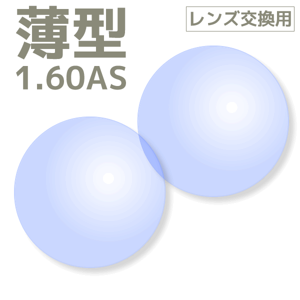 【レンズ交換用レンズ2枚1組】薄型レンズ：1.60AS：プラスチック：非球面：単焦点