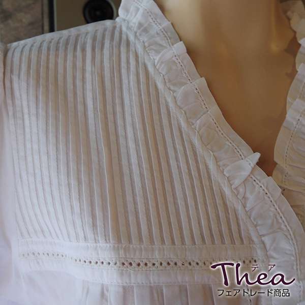 【送料無料】【Thea(テア)】"CLOTILDE"、フィリピン、輸入、綿、コットン100％、天然素材、フェアトレード、通気性　清潔　安心　敏感肌、低刺激、アレルギー　ストレスフリー　リラックス　ゆったり　リラックスウェア　ホワイト　半袖ナイティ　Sサイズ（国産M）