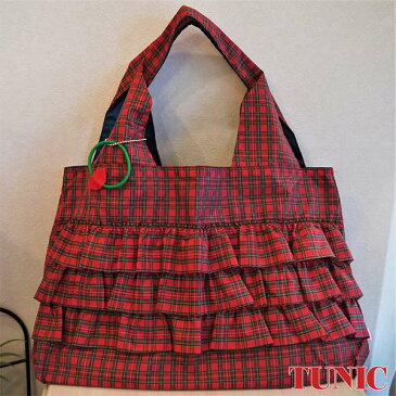 【送料無料】【TUNIC(チュニック)】チョコメアリーのBag、ナイロンプリント、チェック、フリル、可愛い、軽量、携帯バッグ、サイドバッグ、プレゼント、洗濯可、エコバッグ、贈り物、ギフト、旅行用、誕生日、母の日、リバーシブル、赤チェック/グリーン、日本製