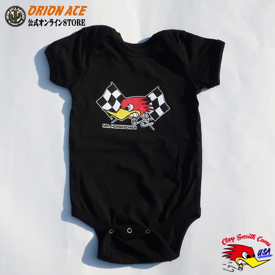 CLAY SMITH【BR-95】Mr Horsepower Black Checkered Flag Baby Romper ベビーロンパース クレイスミス ベビー服 ロンパス 赤ちゃん プレゼント お祝い アメリカン ウッドペッカー アメリカ直輸…