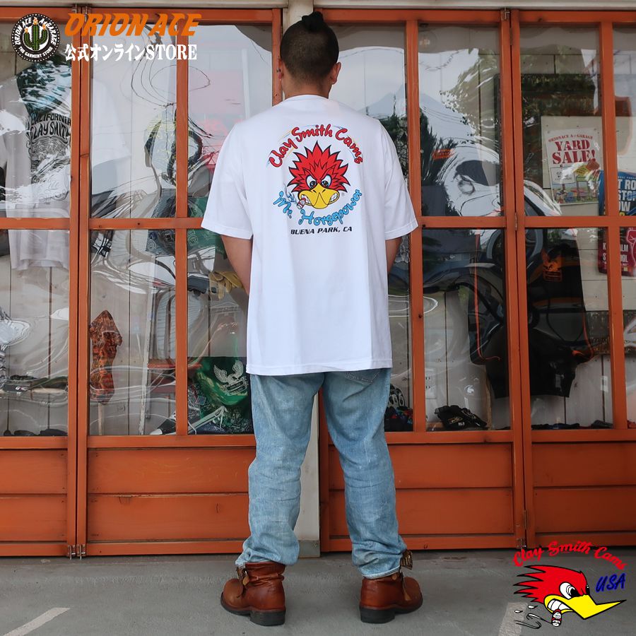 CLAY SMITHMr. Horsepower with Attitude White T-Shirt Tシャツ クレイスミス メンズ プレゼント アメリカン ウッドペッカー バイカー アメリカ直輸入 エーガレージ限定