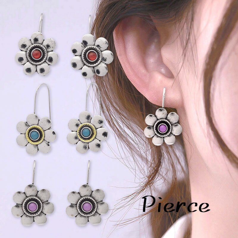 樂天商城 - エスニック調 フラワーモチーフピアス フックピアス インディアンジュエリー ビンテージデザイン