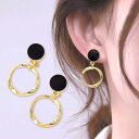 イヤリング サークルデザイン ブラック ゴールド ぶら下がり フープデザイン 金属アレルギー ニッケルフリー