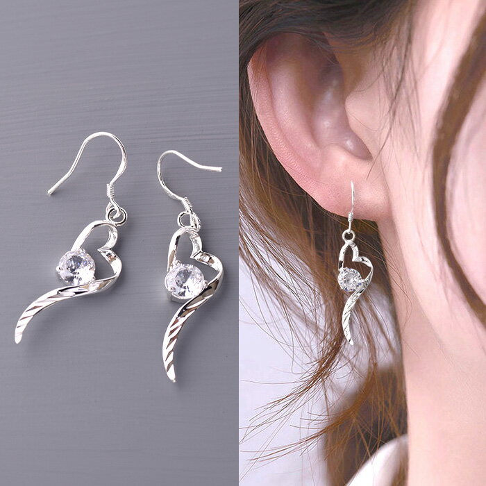 樂天商城 - 【10％OFFクーポン】ハートモチーフ ピアス ジルコニア フックピアス シルバー 金属アレルギー ニッケルフリー