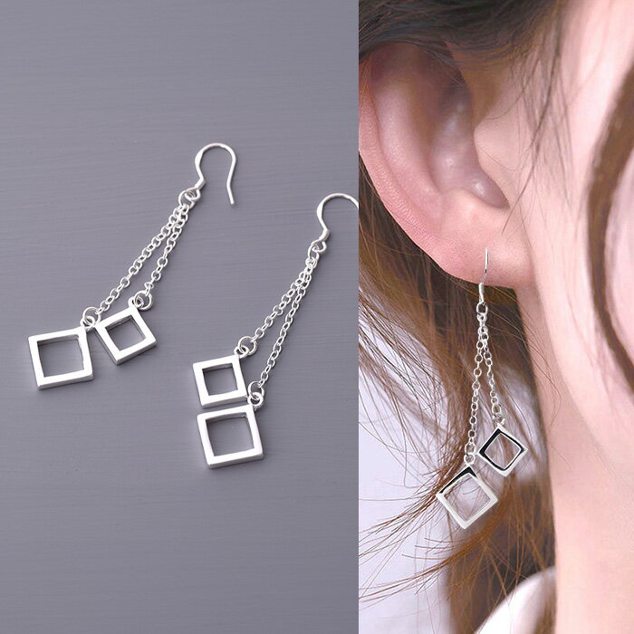 樂天商城 - スクウェアデザイン ぶら下がりピアス フックピアス シルバー シンプル チェーン 金属アレルギー ニッケルフリー