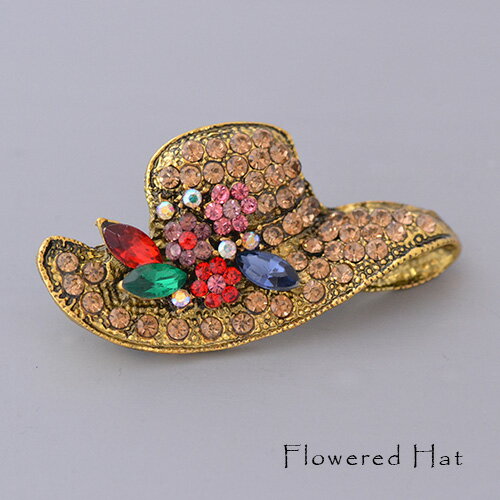 ブローチ　花の飾りのついた帽子　キラキラ　ラインストーン　レトロアンティーク
