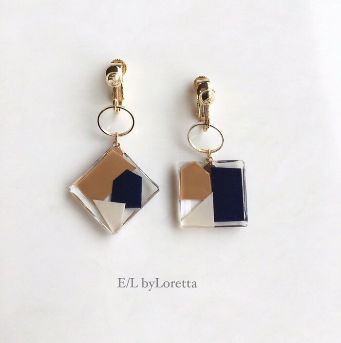 Asymmetry square color mosaic pierce/earring(NavyOrange)E/L byLoretta EL Хå accessory ꡼ȥ꡼⥶ͥӡ󥸡ޥ顼ԥ󥰡ġξåȡϥɥᥤ