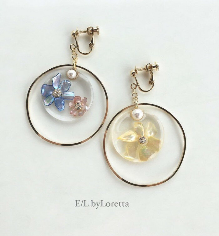 Clear shell flower big hoop pierce/earring(BluePink)E/L byLoretta EL Хå accessory ꡼롡ӥåաס֥롼ԥ󥯡奨꡼ԥ󥰡󡡼顡ͤå׼ξåȡϥɥᥤ