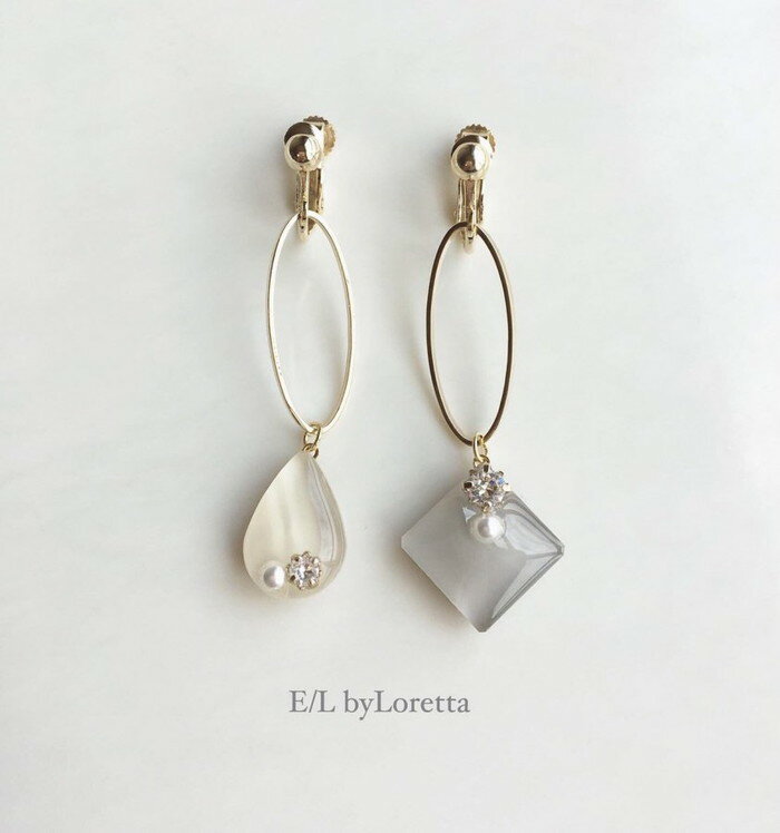 Asymmetry Shizuku square oval hoop pierce/earring(IvoryBeige)E/L byLoretta EL Хå accessory ꡼ͳѡաסܥ꡼ۥ磻ȡ١塡ȥ꡼󡡼顡ͤå׼ξå