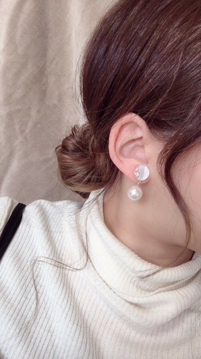 Mix color mini circle pearl pierce/earring(Peach Pink)　E/L byLoretta EL エルバイロレッタ accessory アクセサリー　サークル　パール　ピンク　グレー　ホワイト　ミックスカラー　マルチカラー　ピアス　イヤリング　チタン　ねじ式　クリップ式　樹脂　両耳セット