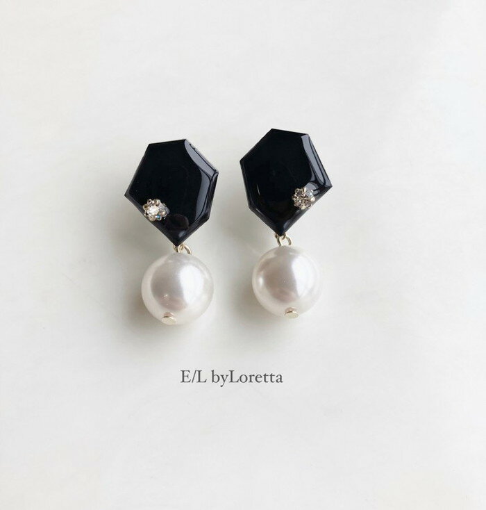 パールピアス KAKERA pearl pierce/earring 1(Black)　E/L byLoretta EL エルバイロレッタ accessory アクセサリー　カケラ　パール　ブラック　黒　ピアス　イヤリング　お洒落　チタン　樹脂　ねじ式　クリップ式　両耳セット　ハンドメイド　選べる