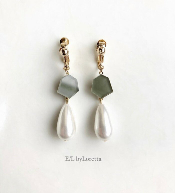 パールピアス KAKERA Shizuku pearl pierce /earring(Khaki)　E/L byLoretta EL エルバイロレッタ accessory アクセサリー　カケラ　シズク　ドロップ　パール　カーキ　グリーン　緑　オリーブ　お洒落　ピアス　イヤリング　選べる　14kgfフック　ねじ式　クリップ式　両耳セット