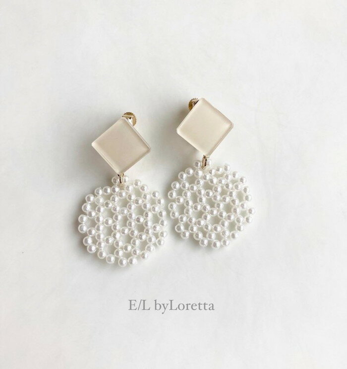Rakuten - Color square × circle pierce/earring(Ivory)　E/L byLoretta EL エルバイロレッタ accessory アクセサリー　スクエア　四角　サークル　丸　アイボリー　ホワイト　白　ピアス　イヤリング　チタン　樹脂　ねじ式　クリップ式　両耳セット　ハンドメイド　お洒落