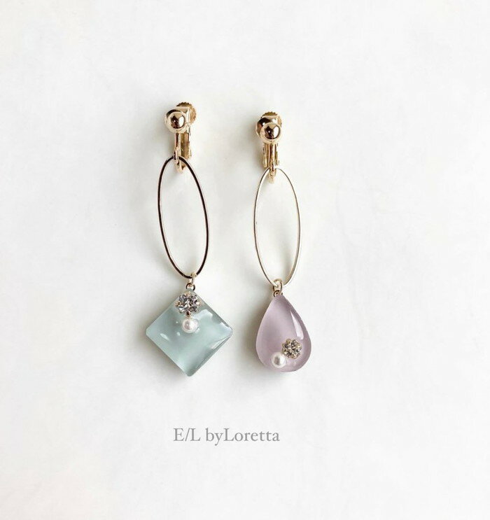 Asymmetry Shizuku square oval hoop pierce/earring(MintLavender)E/L byLoretta EL Хå accessory ꡼ȥ꡼ɥåסߥȡ忧٥硡󡡼顡å׼ͤξå