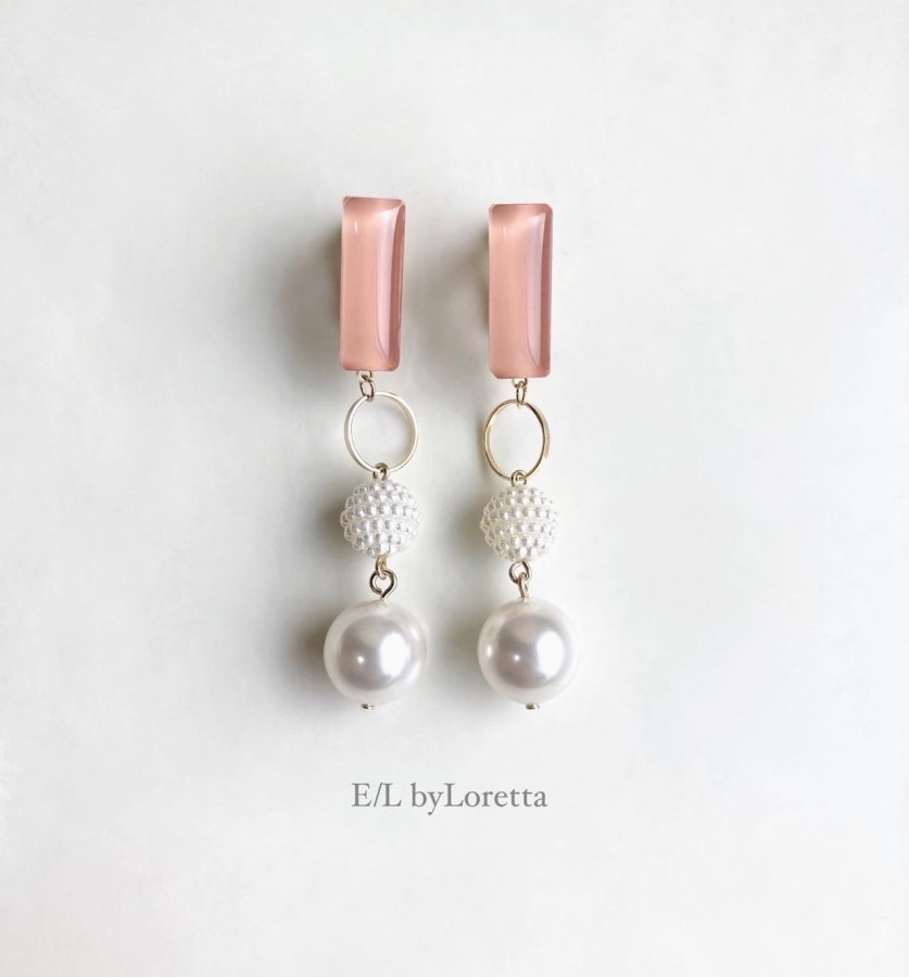 Color stick × w pearl pierce/earring(Peach Pink) [cc]　アクセサリー　ピアス　イヤリング　スティック　レディース　女性　両耳　カジュアル　大人かわいい　ハンドメイド　手作り　ピーチピンク　Wパール　エルバイロレッタ　E/L byLoretta　EL