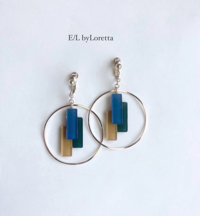Stick color pallet big hoop pierce/earring(Blue×Green×Mustard)　アクセサリー　ピアス　イヤリング　ビッグフープ　ブルー　グリーン　マスタード　レディース　女性　両耳　カジュアル　大人かわいい　ハンドメイド　手作り　エルバイロレッタ　E/L byLoretta　EL