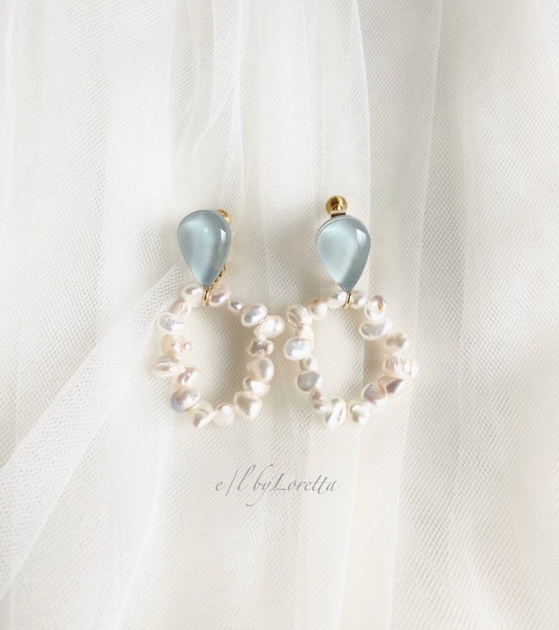 淡水パール hoop color shizuku pierce/earring(Mint) 　アクセサリー　ピアス　イヤリング　ビックフープ　レディース　女性　両耳　個性的　カジュアル　大人かわいい　ハンドメイド　手作り　チタン　樹脂　ネジ式　クリップ式　エルバイロレッタ　E/L byLoretta　EL