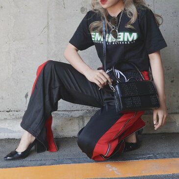 SIDE LINE&FULL ZIP JERSEY PANTS *with SILVER RING(black-red)　レディース　パンツ　シルバーリング付き　ロング　マキシ　ボトムス　ラインパンツ　ジャージパンツ　サイドライン　スポーティー　スポーツ　ストリート　韓国ファッション　A.D.G ADG エーディージー黒赤