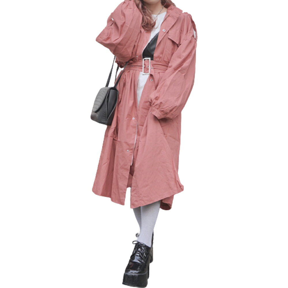 Balloon Sleeve Military Long Jacket Coat (pink)*with Belt レディース アウター コート ジャケット 羽織り ピンク ロングコート　バルーンスリーブ　お洒落　おしゃれ　長袖　ロングスリーブ　ストリートファッション　韓国ファッション　洋服　ブランド　A.D.G　送料無料