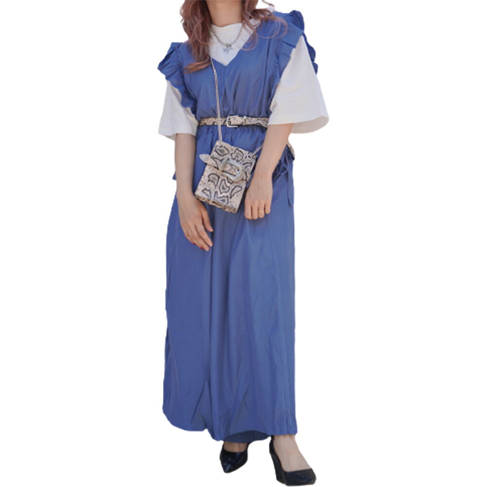 Frill Design Salopette Pants (blue) 女性 レディース オールインワン サロペット パンツ フリル リボン ブルー 青 オールシーズン シンプル ガーリー カジュアル スポーティ ストリート フェミニン 大人かわいい A.D.G エーディージー